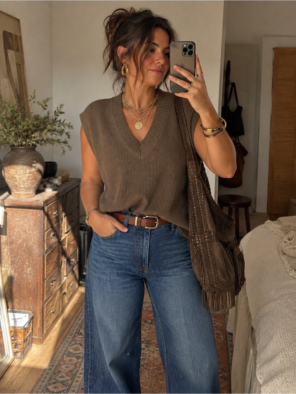 Banana Republic Olive Brown Ribbed Sweater Top V Neck Knit Boho Quiet Luxury XXL